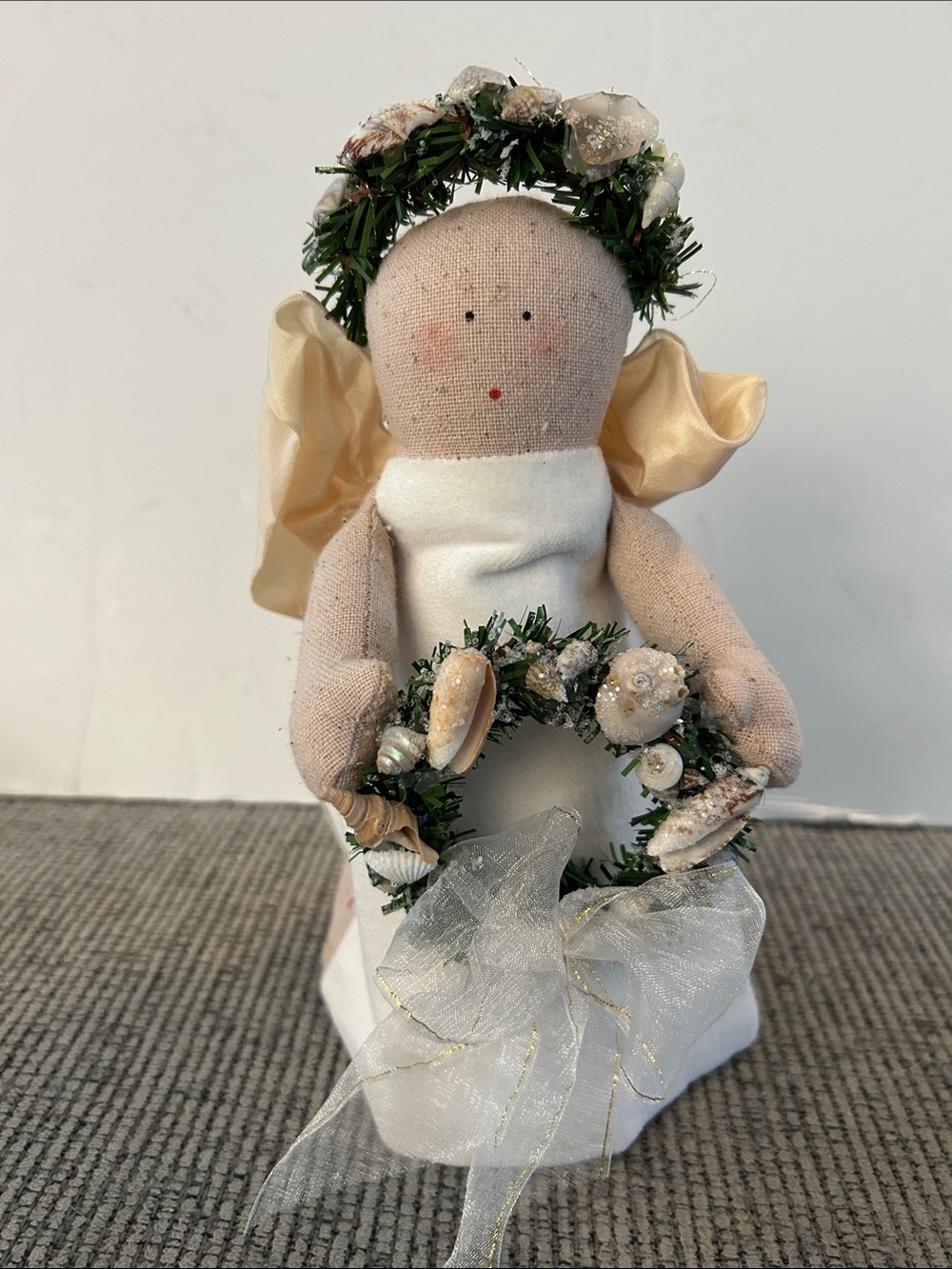 Natalie Silitch Handcrafted Fabric Angel with Green Wreath folk art Christmas
